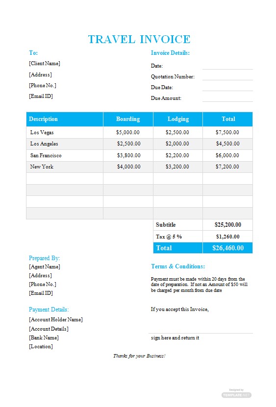 Free Travel Invoice Format Template PSD template